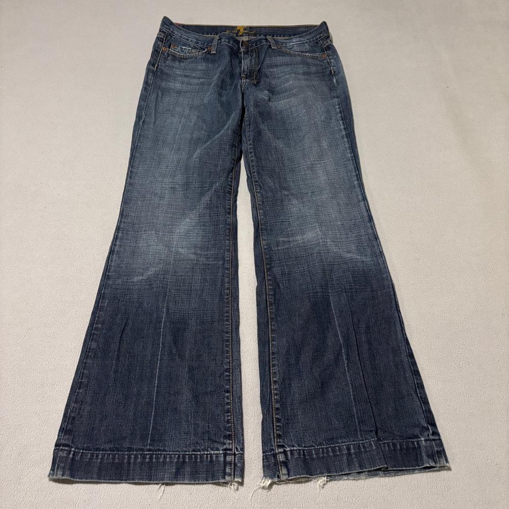 7 For All Mankind Dojo Womens Wide Leg Flare Jeans Size 32 Dark Wash Low Rise